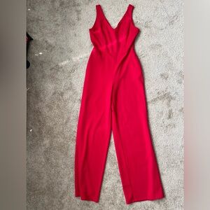 Women’s Elegant V-Neck Red Thick Crepe Jumpsuit with Pockets
